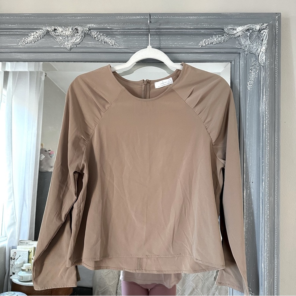 NWT Oak + Fort‎ tan long-sleeve pleated blouse top boho Cottagecore S